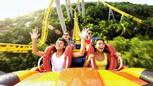Excited friends screaming loudly enjoying the exhilarating rush of an amusement park roller coaster ride.