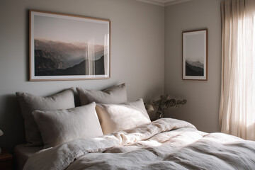 Soft light bedroom, neutral palette, linen bedding, minimalist art on wall, serene morning scene