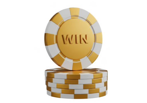 Golden win poker chip stack isolated on transparent background for casino and gambling