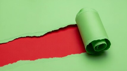 Torn green paper revealing red background with rolled edge - Powered by Adobe