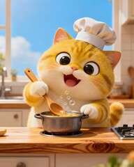 Adorable Chef Cat Cooking Soup in Cozy Kitchen – Cute 3D Illustration