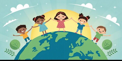 Diverse children holding hands on planet Earth a vector illustration representing global unity for educational and social projects