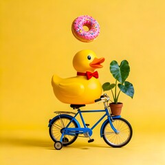 Cute Rubber Duck on Bicycle with Donut and Plant – Fun Colorful Concept Art