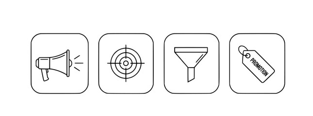 Vecter design Marketing strategy outline: megaphone, target, funnel, and special offer icons for business growth plan silhouette