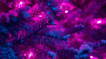 Glowing evergreen branches laden with delicate snow, a celebration of color during winter nights.