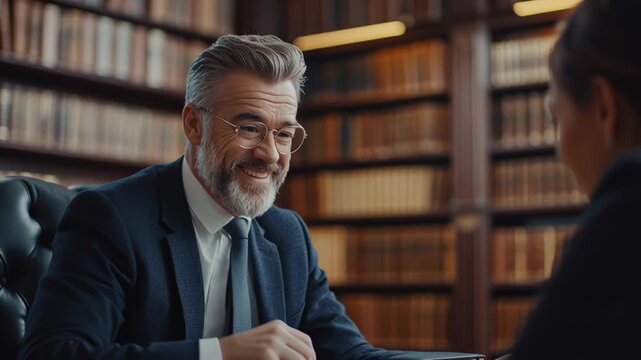 Mature lawyer in a library discussing a case with a client - Powered by Adobe
