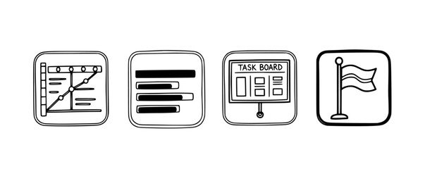Vecter design business data analysis icons: graph, chart, task board, and flag for success, strategy, and goal setting silhouette