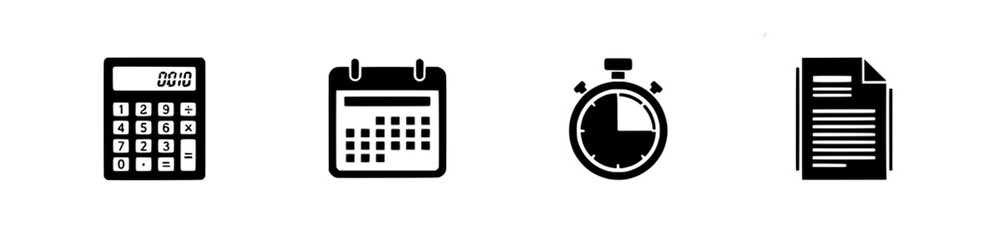 Vecter design business productivity icons calculator,calendar, stopwatch and document for time management tasks silhouette