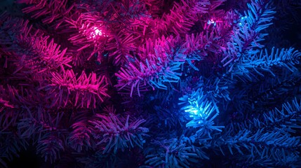 Illuminated evergreen branches glow with vibrant pink and blue lights, casting shadows and delight.