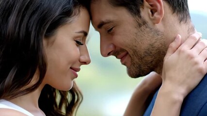 A happy couple shares a tender moment with foreheads touching and loving smiles.