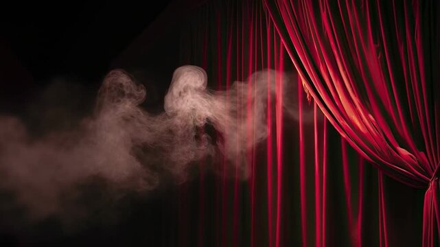 A rich red velvet stage curtain partially open with billows of smoke drifting across a dark background The fabric is gathered and tied back on the right side