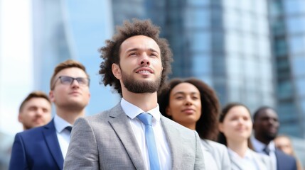 Obraz premium A group of diverse millennial professionals stands in a modern cityscape, looking ahead with hope and determination. Their various backgrounds shine through as they unite for a common goal