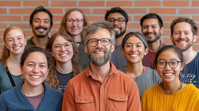 A cheerful group of smiling individuals stands close together in a warm indoor space, showcasing unity and joy during a friendly gathering filled with laughter and happy moments