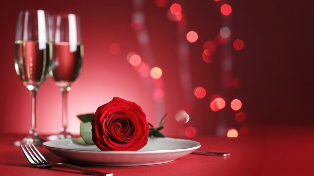Romantic dinner with red rose and champagne for valentines day date