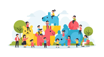 A cheerful flat design illustration showing children and families joyfully interacting with a colorful, whimsical public art installation in a sunny park. 