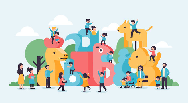 A cheerful flat design illustration showing children and families joyfully interacting with a colorful, whimsical public art installation in a sunny park.  - Powered by Adobe
