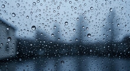 Close-up of raindrops on a window pane with a blurred cityscape in the background.