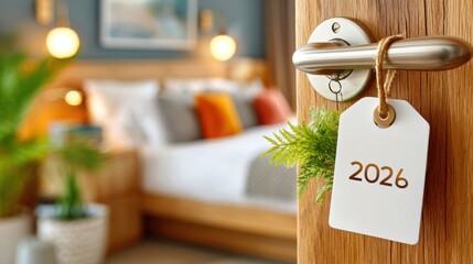 A modern wooden door with a metal handle holds a tag labeled "2026," leading into a cozy bedroom with warm lights, plants, and soft pillows, creating a welcoming fresh new-year atmosphere.