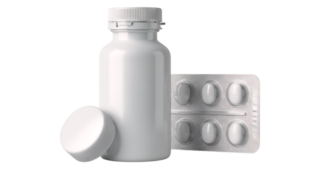 White medicine bottle, cap off, with a blister pack of pills, for pharmaceutical and healthcare product concepts, isolated on a clean transparent background