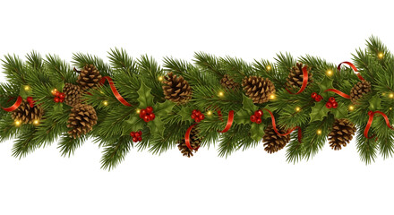 A festive christmas garland with pine cones, holly, berries and red ribbon decorates