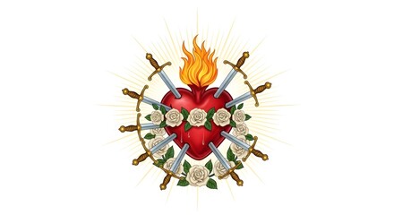 Sacred Heart with Swords, Flames, and Roses