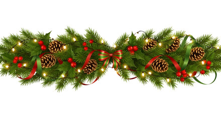Christmas garland with pine cones berries and a ribbon with string lights decoration element
