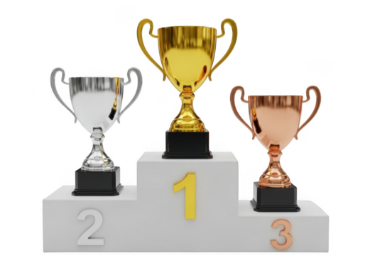 Gold silver bronze trophies on podium isolated on transparent background for awards and victory