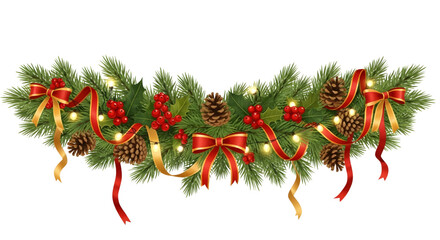 Christmas garland with pine cones red berries and ribbons on a white background