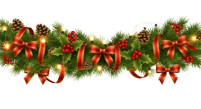 Christmas garland with pine branches red ribbons and pine cones on a white background