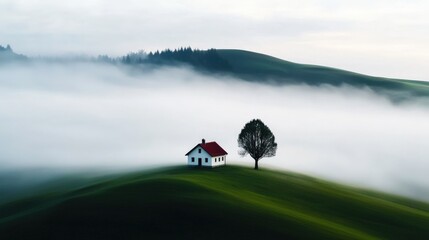 A rural countryside scene with rolling hills, a lone farmhouse, and dense fog creating a peaceful ambiance