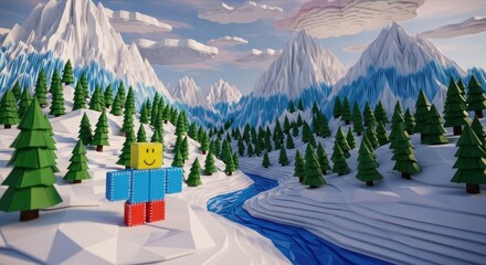 Low Poly Winter Landscape with Mountains, River, Trees, and Cute Character in a Calm Low-Poly Style, Offering a Serene and