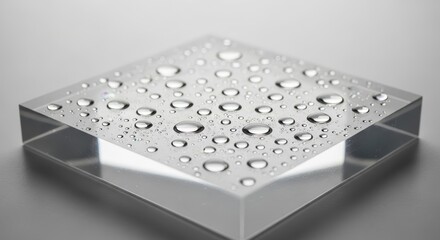 A clear acrylic block with numerous water droplets scattered across its surface.