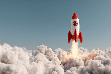 A red and white toy rocket takes off with a powerful fiery launch creating a massive cloud of white smoke against a clear blue sky This image represents new beginnings and progress