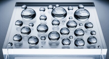 Close-up view of numerous clear water droplets resting on a transparent surface.