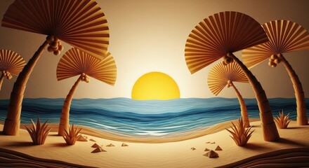Artistic rendition of a serene beach landscape, featuring paper palm trees under a stylized sun, creating a tranquil and creative