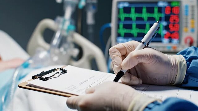 Medical professional documenting patient's vital signs and condition in an intensive care unit.