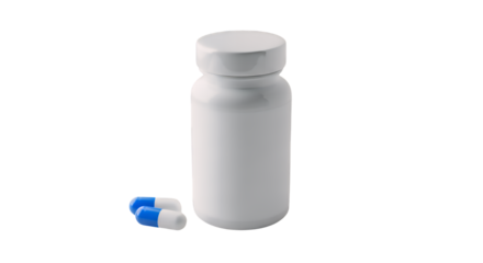 White plastic medicine bottle and two blue and white pharmaceutical capsules for health and wellness, isolated on a clean transparent background