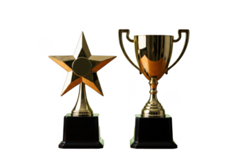 Golden star and trophy awards isolated on transparent background for sports and achievements