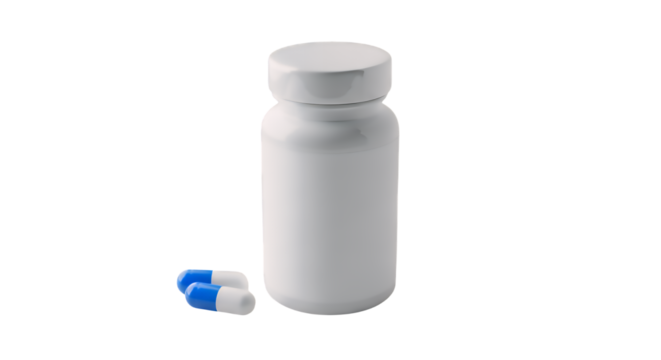 White plastic medicine bottle and two blue and white pharmaceutical capsules for health and wellness, isolated on a clean transparent background
