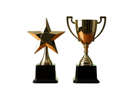 Golden star and trophy awards isolated on transparent background for sports and achievements