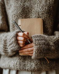 Close-up of hands holding mindfulness journal with pen