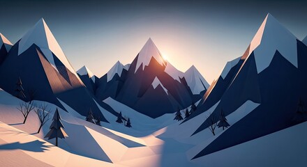 Low Poly Mountain Landscape at Sunset with Snowy Peaks and Sparse Trees Emphasizing the Beauty of the Natural Winter Environment