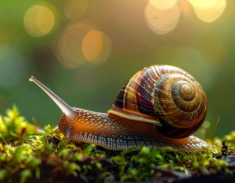 A close-up of a snail on a patch of moss with soft bokeh
