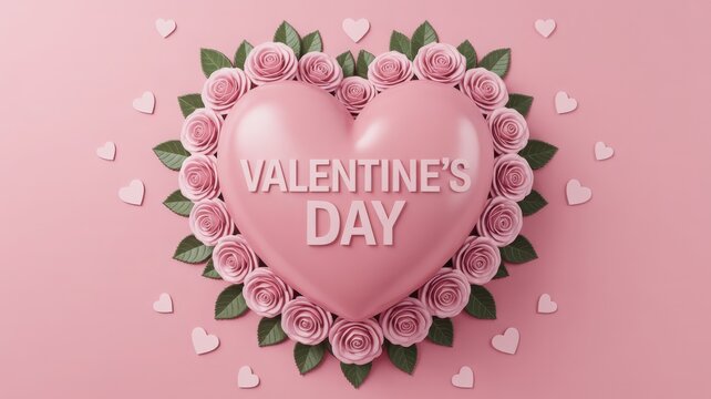 Valentines day with pink heart and rose flower on pink background