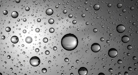 Close-up macro photograph of numerous water droplets of varying sizes on a textured metallic surface.