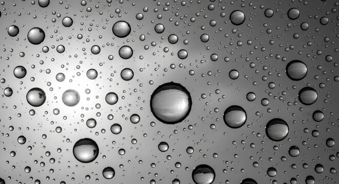 Close-up macro photograph of numerous water droplets of varying sizes on a textured metallic surface.