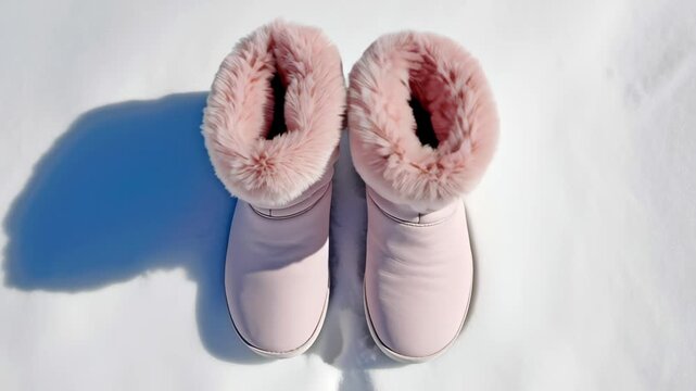 Pair of pink snow boots with fur on the bottom. The boots are on a white surface