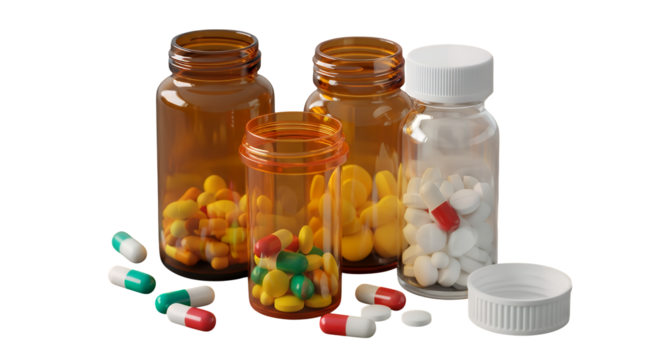 Variety of pharmaceutical pills and capsules in amber and clear glass bottles, with loose medication, for health and wellness, isolated on a clean transparent background
