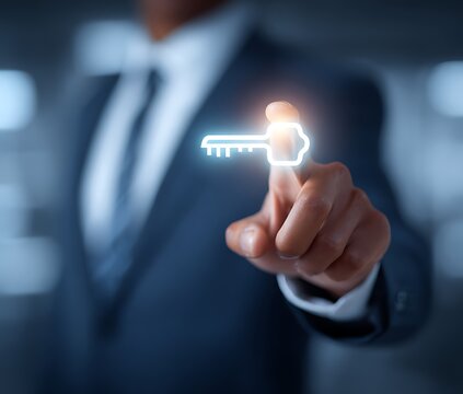 A businessman interacting with a glowing digital key interface representing access - Powered by Adobe