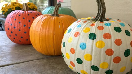 Colorful pumpkins covered in polka dots. With shadow. AI GENERATED.
